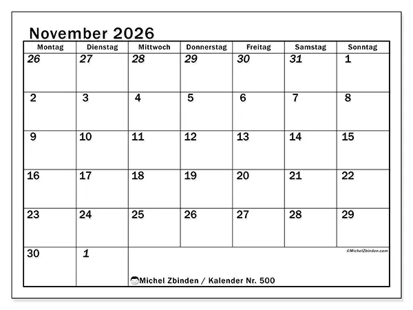 Kalender November 2026 zum Ausdrucken - Intensive Planung