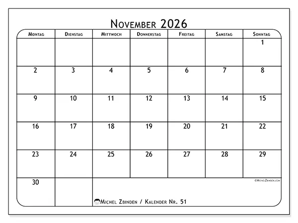 Kalender November 2026 zum Ausdrucken - Essensplan