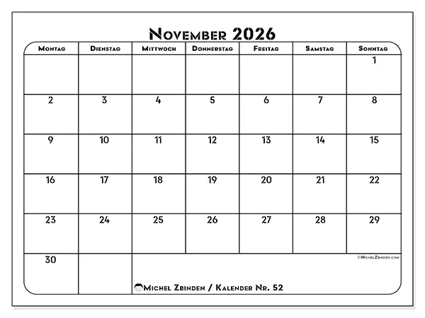 Kalender November 2026 zum Ausdrucken - Berufliche Planung