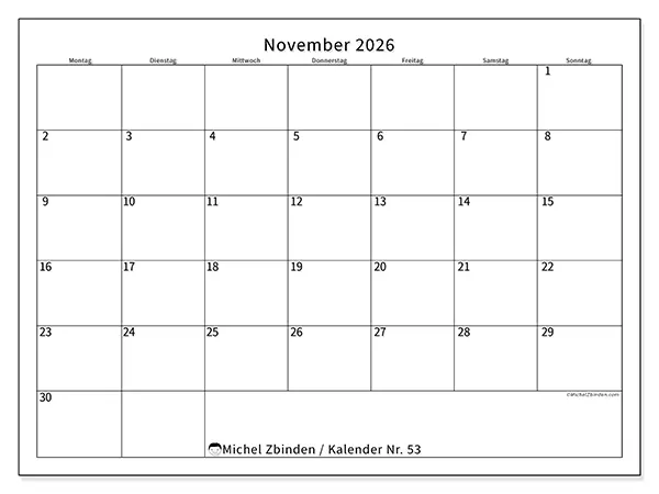 Kalender November 2026 zum Ausdrucken - Zeitplan