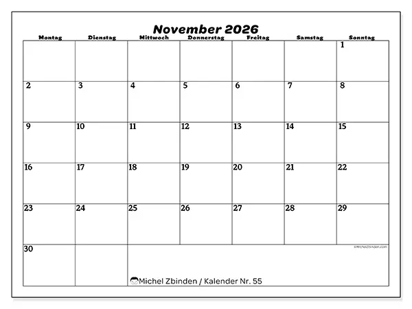 Kalender November 2026 zum Ausdrucken - Freizeitorganisation