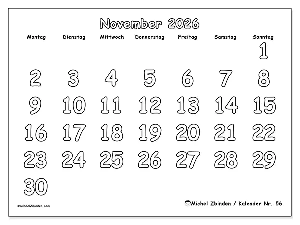 Kalender November 2026 zum Ausdrucken - Nützliches Ausmalen