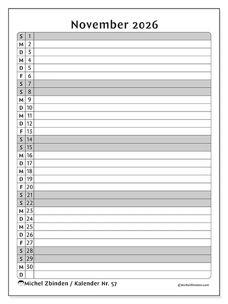 Kalender November 2026 zum Ausdrucken - Liste der Aktivitäten