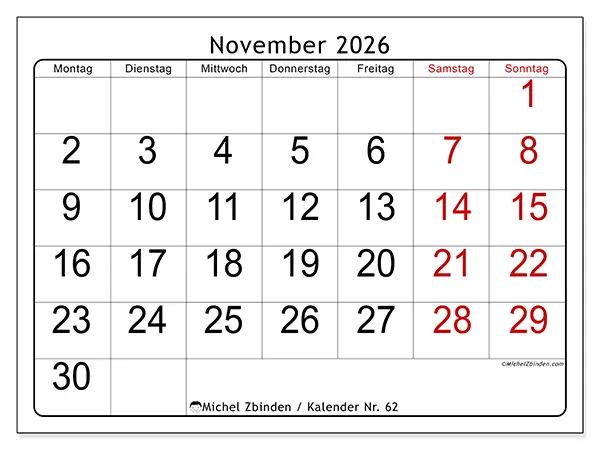 Kalender November 2026 zum Ausdrucken - Schnelllesen