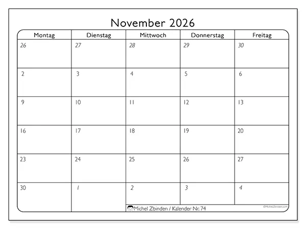 Kalender November 2026 zum Ausdrucken - Arbeitswoche