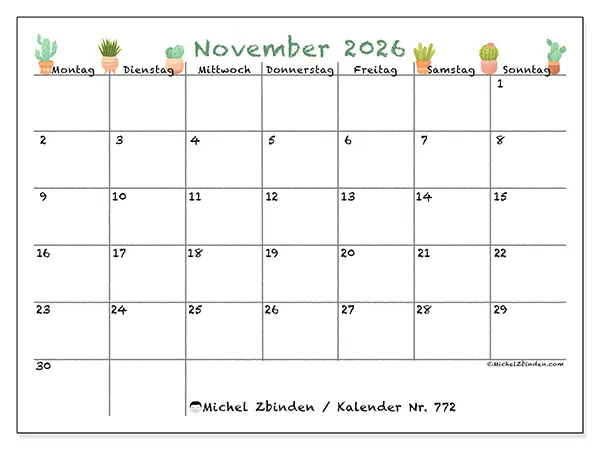Kalender November 2026 zum Ausdrucken - Dekorative Kakteen