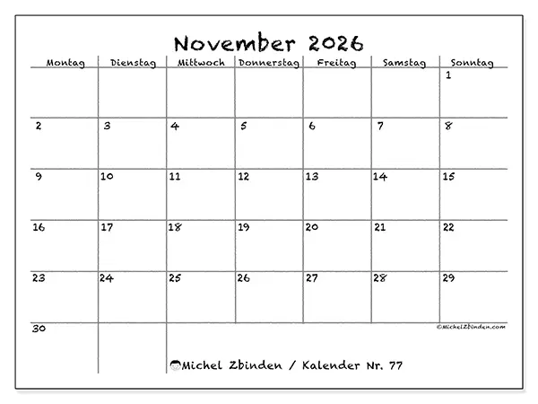 Kalender November 2026 zum Ausdrucken - Schule und Familie