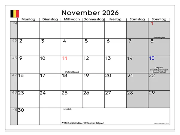 Kalender November 2026 zum Ausdrucken - Belgien