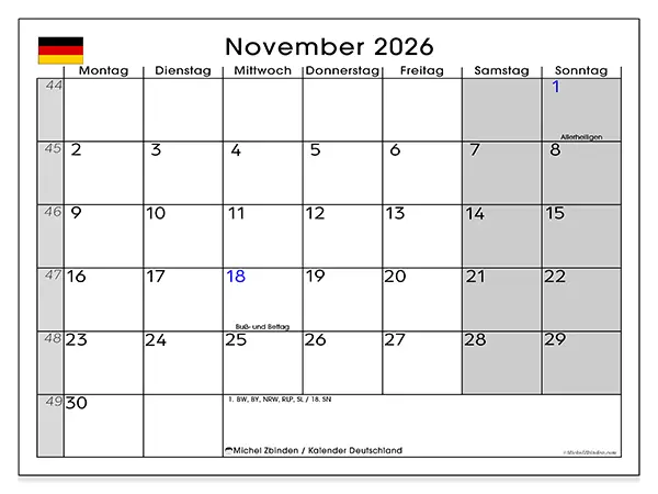 Kalender November 2026 zum Ausdrucken - Deutschland