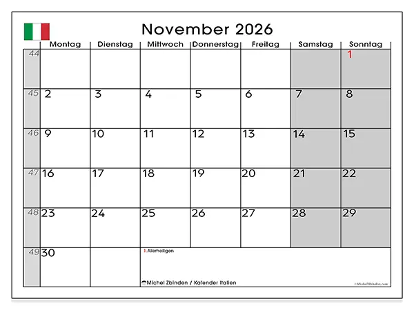 Kalender November 2026 zum Ausdrucken - Italien