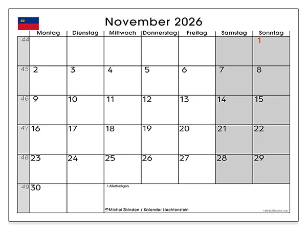 Kalender November 2026 zum Ausdrucken - Liechtenstein
