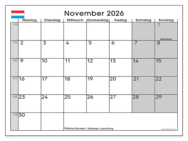 Kalender November 2026 zum Ausdrucken - Luxemburg