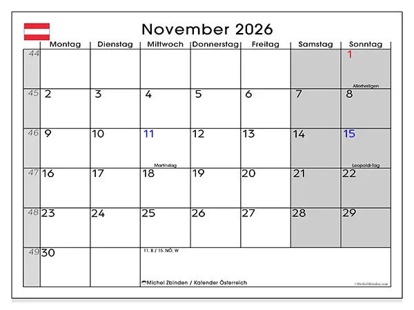 Kalender November 2026 zum Ausdrucken - Österreich
