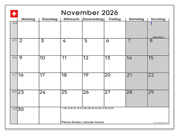 Kalender November 2026 zum Ausdrucken - Schweiz