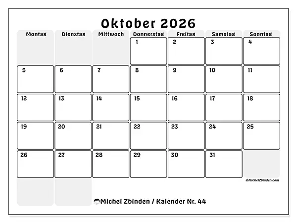 Kalender Oktober 2026 zum Ausdrucken - Strukturierte Planung