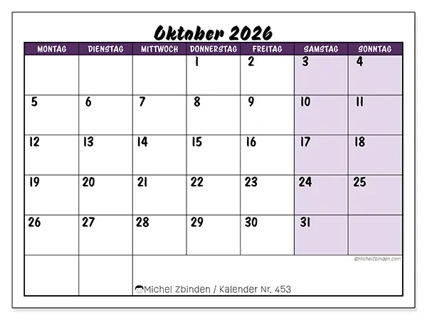 Kalender Oktober 2026 zum Ausdrucken - Farbige Lernplanung