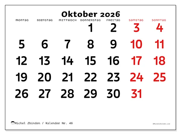 Kalender Oktober 2026 zum Ausdrucken - Klare Übersicht