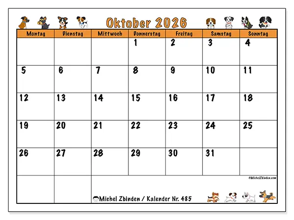 Kalender Oktober 2026 zum Ausdrucken - Begeisterte Hunde