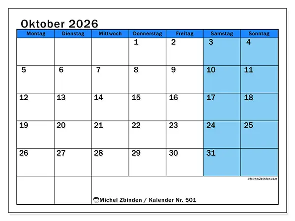 Kalender Oktober 2026 zum Ausdrucken - Dynamisches Lernen