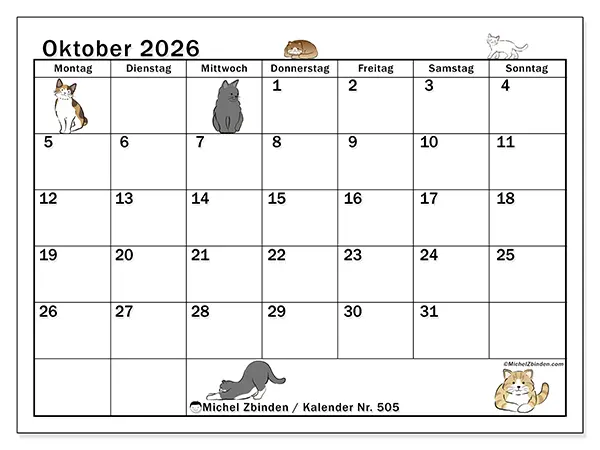 Kalender Oktober 2026 zum Ausdrucken - Katzenleben