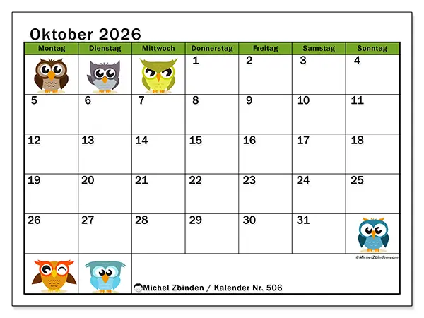Kalender Oktober 2026 zum Ausdrucken - Lustige Eulen