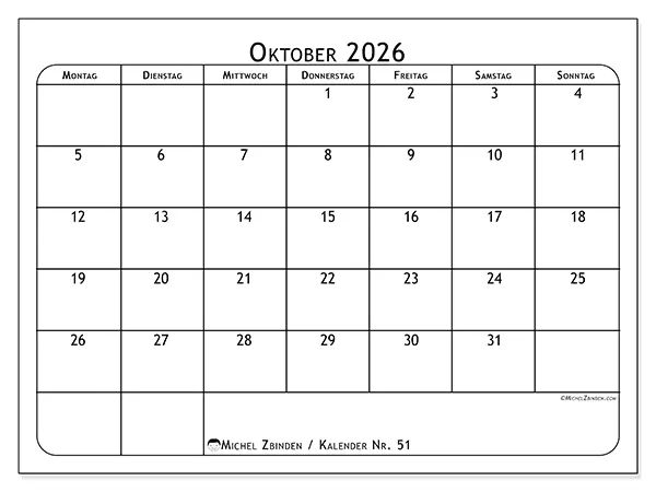 Kalender Oktober 2026 zum Ausdrucken - Essensplan