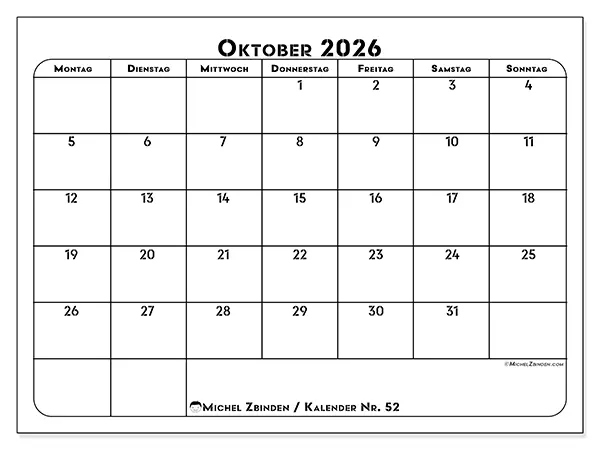 Kalender Oktober 2026 zum Ausdrucken - Berufliche Planung