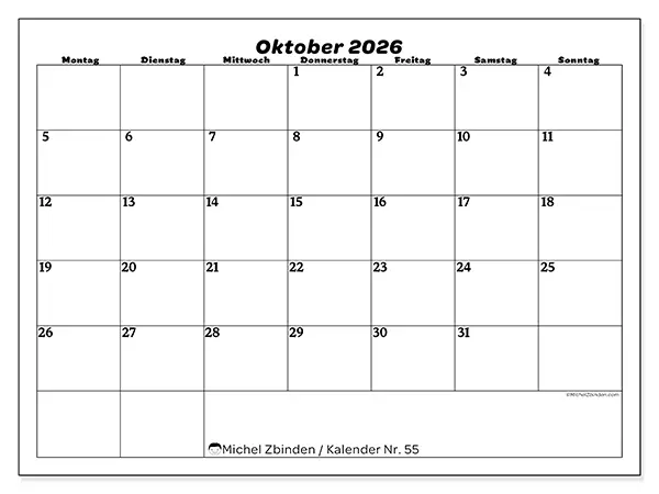 Kalender Oktober 2026 zum Ausdrucken - Freizeitorganisation