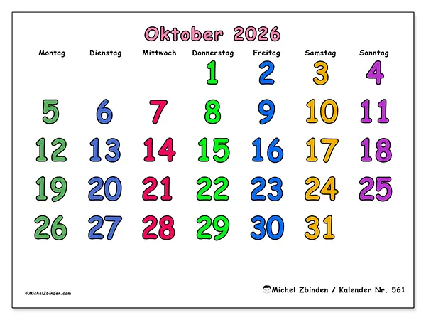 Kalender Oktober 2026 zum Ausdrucken - Kreative Momente
