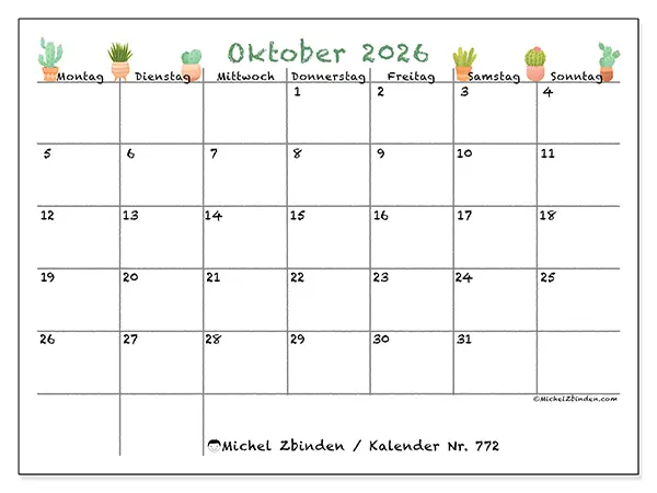 Kalender Oktober 2026 zum Ausdrucken - Dekorative Kakteen