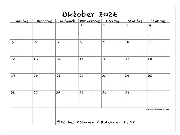 Kalender Oktober 2026 zum Ausdrucken - Schule und Familie