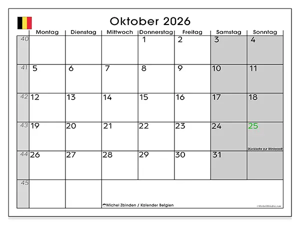 Kalender Oktober 2026 zum Ausdrucken - Belgien