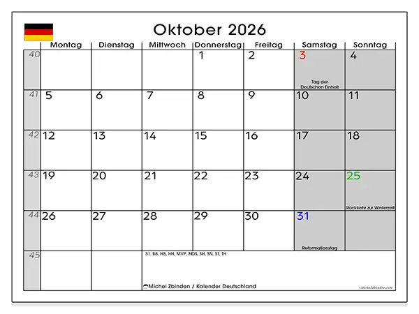 Kalender Oktober 2026 zum Ausdrucken - Deutschland