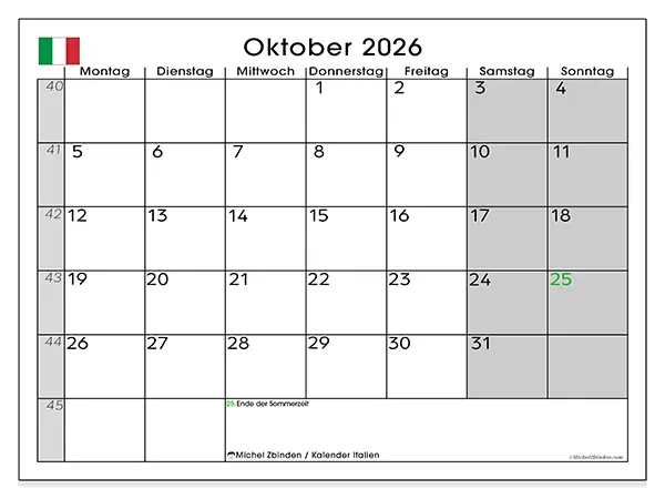 Kalender Oktober 2026 zum Ausdrucken - Italien