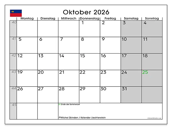 Kalender Oktober 2026 zum Ausdrucken - Liechtenstein