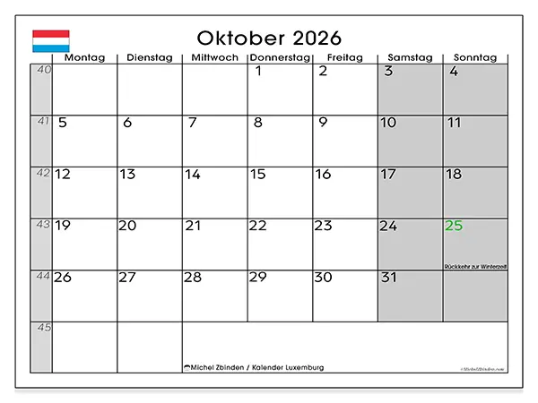 Kalender Oktober 2026 zum Ausdrucken - Luxemburg