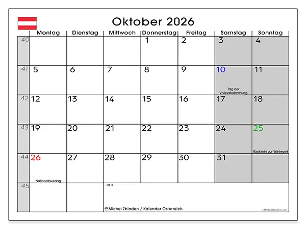 Kalender Oktober 2026 zum Ausdrucken - Österreich