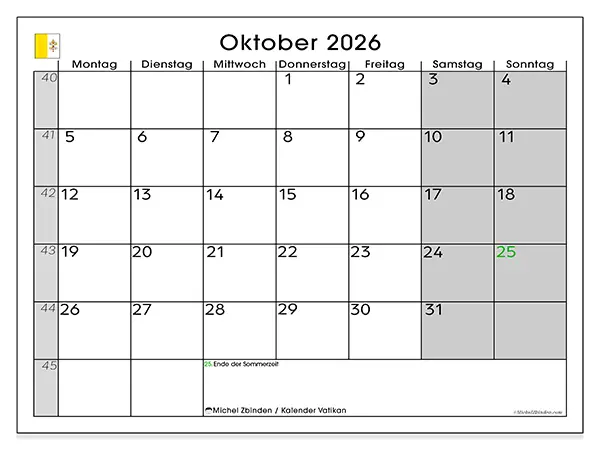 Kalender Oktober 2026 zum Ausdrucken - Vatikan