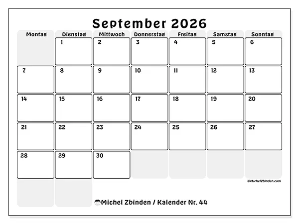 Kalender September 2026 zum Ausdrucken - Strukturierte Planung