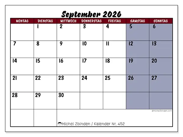 Kalender September 2026 zum Ausdrucken - Farbliche Akzente