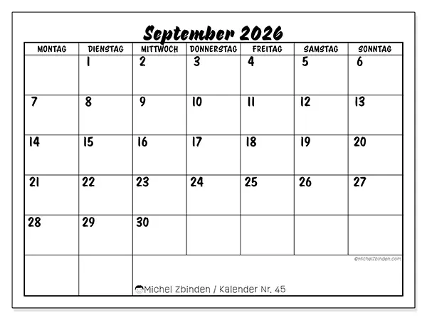 Kalender September 2026 zum Ausdrucken - Schulischer Erfolg