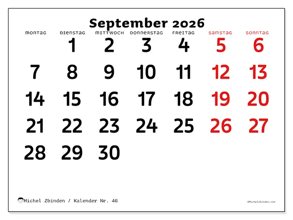Kalender September 2026 zum Ausdrucken - Klare Übersicht