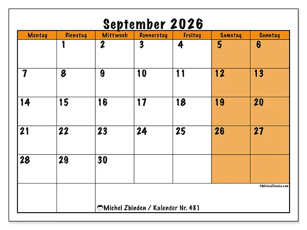 Kalender September 2026 zum Ausdrucken