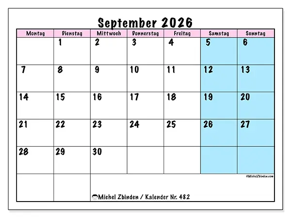 Kalender September 2026 zum Ausdrucken - Teamzeitplan