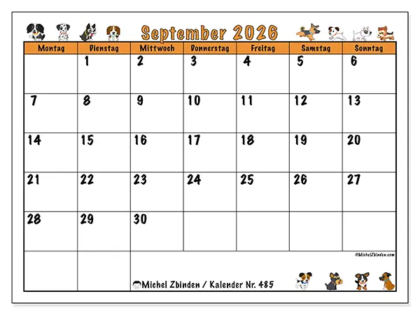 Kalender September 2026 zum Ausdrucken - Begeisterte Hunde