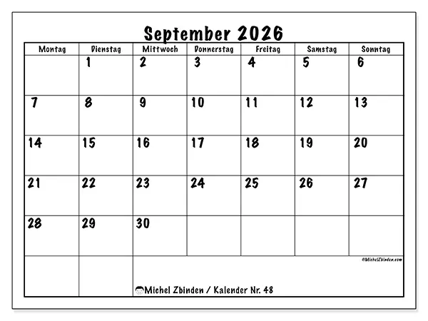 Kalender September 2026 zum Ausdrucken - Alltagsplanung