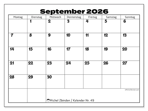 Kalender September 2026 zum Ausdrucken - Koordination im Arbeitsstil