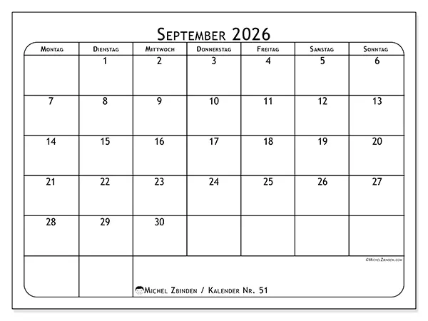 Kalender September 2026 zum Ausdrucken - Essensplan