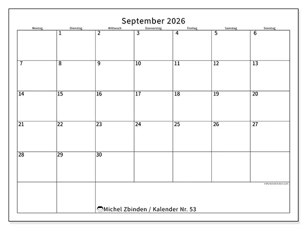 Kalender September 2026 zum Ausdrucken - Zeitplan