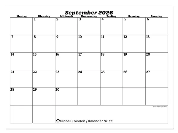Kalender September 2026 zum Ausdrucken - Freizeitorganisation